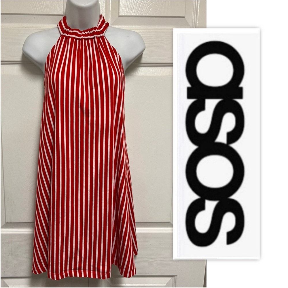 ASOS Red/White Cotton Striped Short Halter Dress